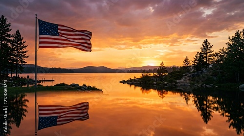 American flag waving at sunset over a tranquil lake with water reflection, pine trees, and glowing sky for Labor Day.