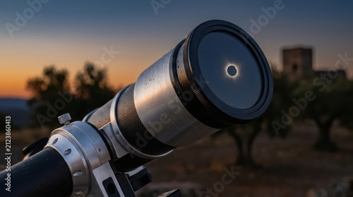 Solar eclipse reflection in professional telescope lens.