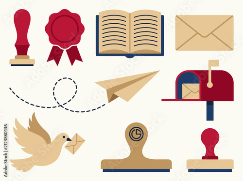 Vintage Mail and Correspondence Icon Set with Pigeon, Mailbox, and Stamps