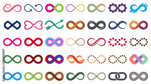 Set of 35 diverse infinity symbols in various artistic styles for branding and design projects.