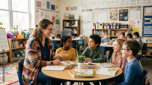 Engaging Classroom Discussion: A female teacher facilitates a vibrant group discussion with diverse young students around a round table, fostering an interactive and inclusive learning environment.