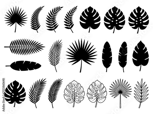 Tropical Leaf Silhouettes and Line Art Vector Set