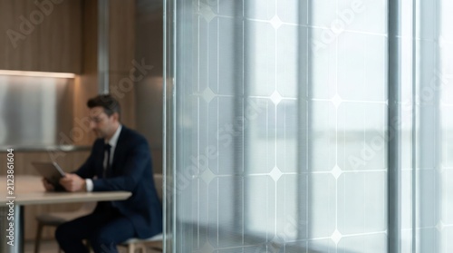 Solar panel window film in modern office interior.