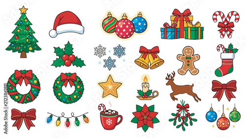 Cartoon Christmas Icons Set with Santa Claus Tree Snowman Gifts Holiday Decorations Winter Symbols and Festive New Year Vector Illustration Collection