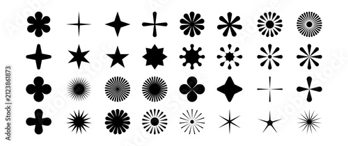 Set of 32 black star, sparkle, and starburst silhouette icons isolated on a white background