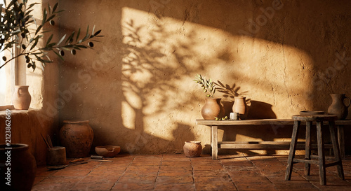 Warm rustic room interior with sunlight shadows, earthen pottery, and wooden shelves, perfect for natural living and artisanal product display