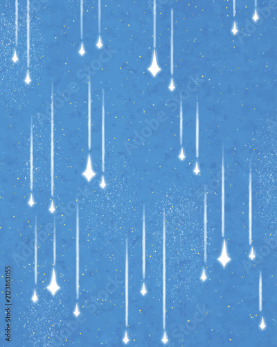 Magical glowing shooting stars and falling light trails against a textured blue night sky