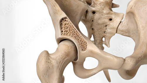 Osteopenia bone anatomy with mild low bone density, photorealistic medical 3D render showing preserved structures and copy space for healthcare, radiology, medical education, and patient awareness use