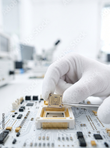 Hand in White Glove Placing Microchip into Circuit Board with Tweezers