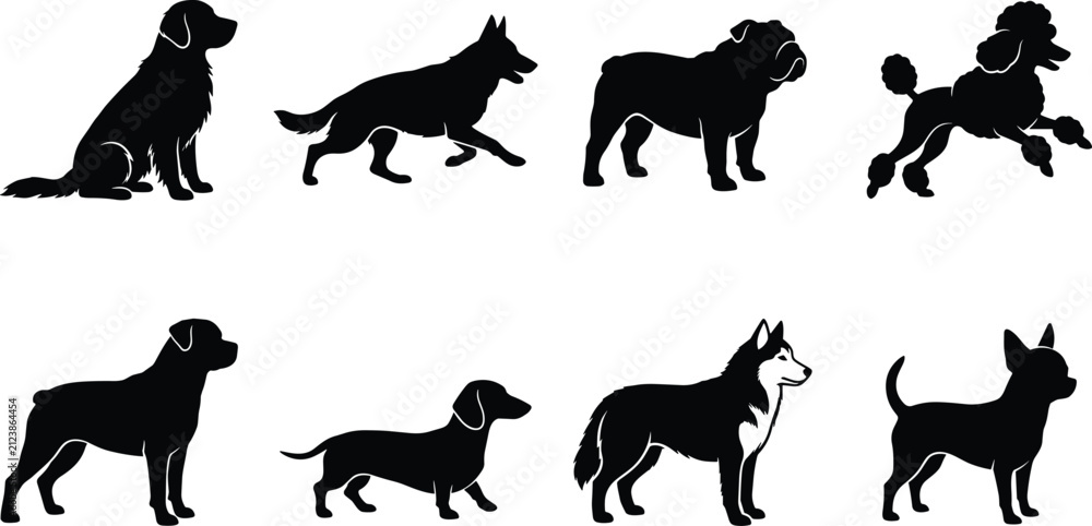 Obraz premium Set of black silhouettes of different dog breeds including golden retriever, bulldog, poodle, husky, dachshund, and chihuahua