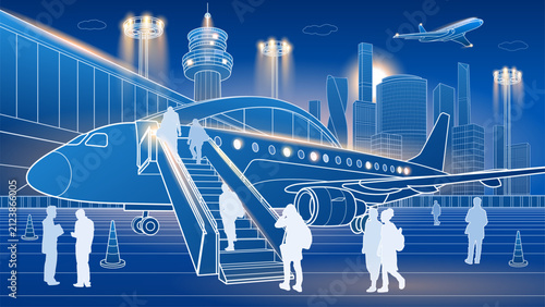 Modern airport terminal with passenger airplane boarding, illuminated runway lights, jet bridge, travelers and futuristic city skyline at night in clean blue line art style.