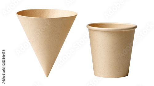 Eco friendly kraft paper cups, cone shaped and standard disposable cup for water and hot beverages, sustainable eco packaging on White background