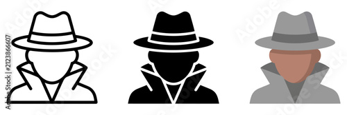 Fotografie Mysterious spy avatar icons in three styles, secret agent character wearing fedo