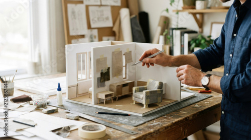 Interior designer building a foam board room mockup with miniature furniture, fabric samples, and drafting tools