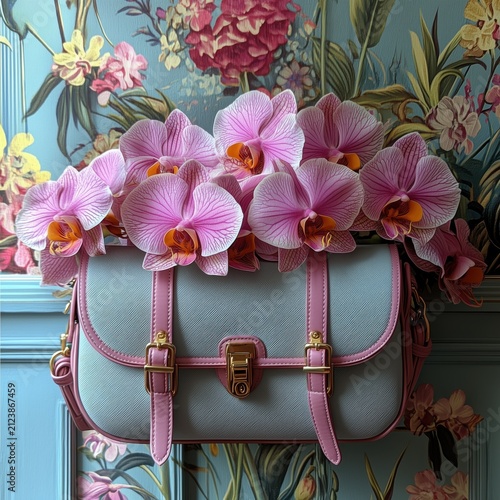 Elegant pastel handbag decorated with pink orchid flowers in luxurious floral setting