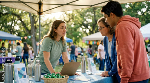 Mental health awareness booth at a weekend fair with volunteer sharing recovery story to two listeners beside ribbon pins, water bottles and a park canopy.