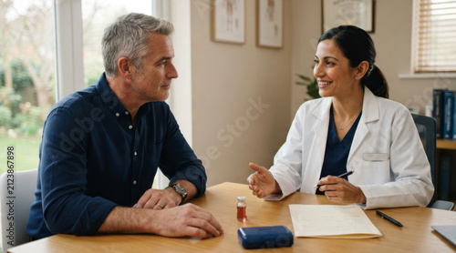 Middle-aged man discussing testosterone therapy with a doctor in a private clinic office with blood test vial, medication dispenser, and consent form.