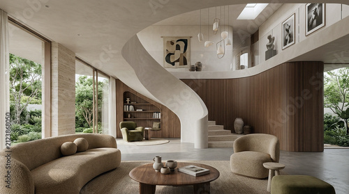 Modern Luxury Living Room Interior with Curved Spiral Staircase