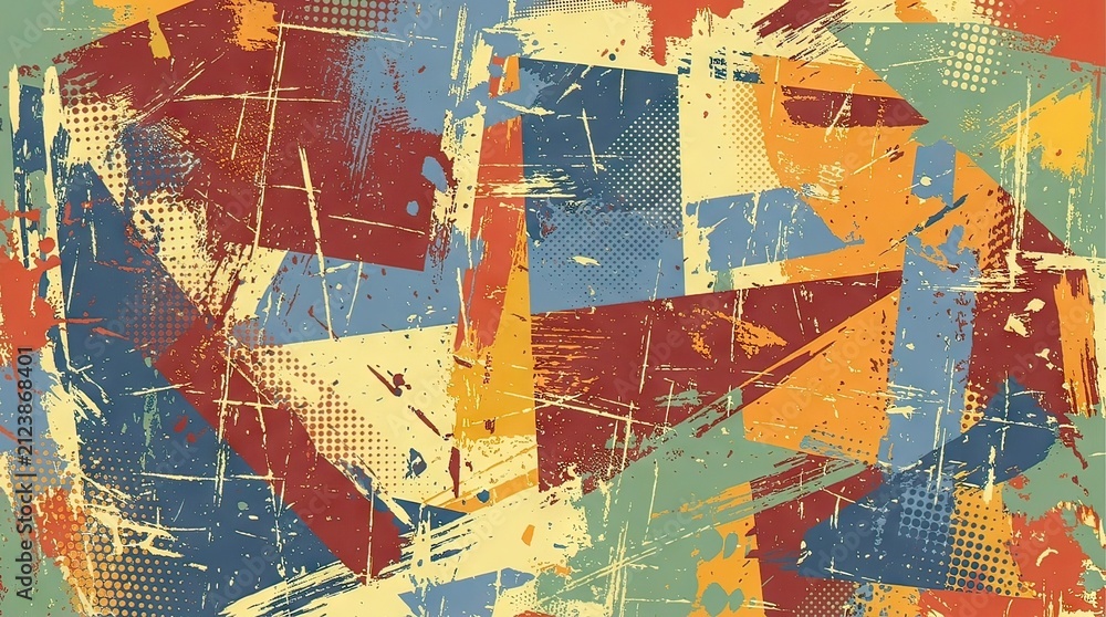 Fototapeta premium Colorful Abstract Painted Geometric Texture with Bold Red Blue Yellow Shapes