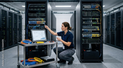 Business continuity technician performing a failover drill between primary and backup server racks with battery units, patch cables, and a monitor cart.