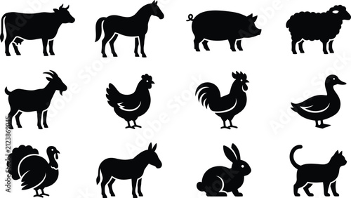 Set of farm animal silhouettes including cow horse pig sheep goat chicken rooster duck turkey donkey rabbit cat