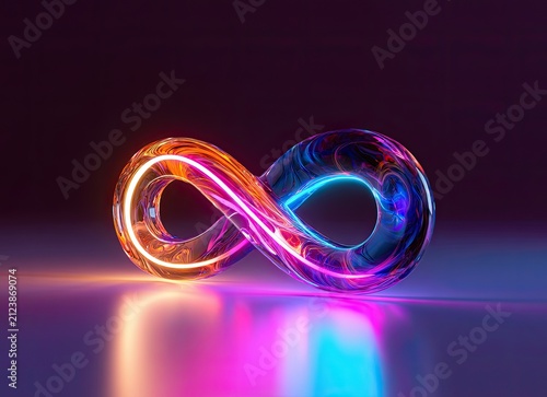 Glowing infinity symbol with vibrant neon light on a reflective surface