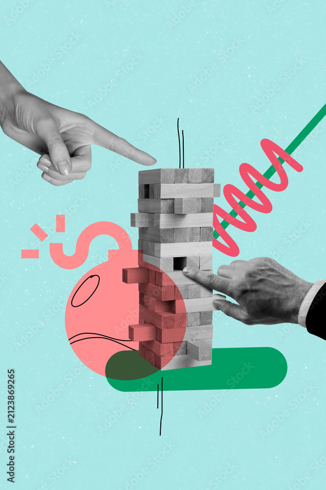 Fototapeta premium Vertical sketch 3d collage poster of hands build jenga tower game teamwork development career business risk competition project