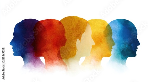 Multiple colorful, overlapping human head silhouettes in profile, fading from dark blue to red to yellow