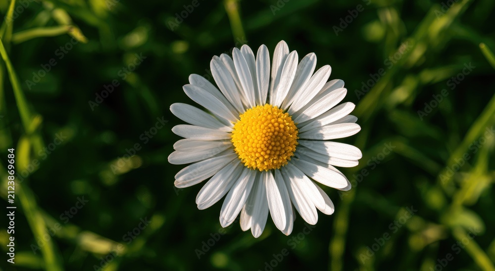 Fototapeta premium A single white daisy with a bright yellow center blooms in soft green grass