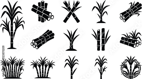 Sugarcane plant and stalk icons set black silhouette collection for agricultural design and food industry vector