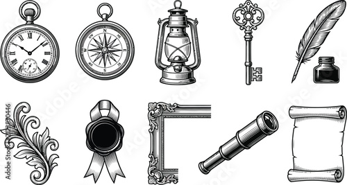 Vintage collection of antique objects including pocket watch compass lantern key quill and scroll vector illustration