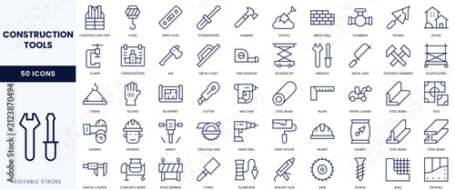 A set of 50 construction tool icons featuring various equipment and instruments in a minimalistic design.