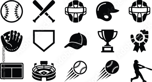 Baseball sport icon set featuring equipment stadium and player silhouettes in a flat black vector style