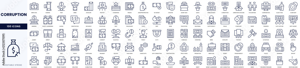 Fototapeta premium A collection of 100 line icons depicting various concepts related to corruption and misconduct.