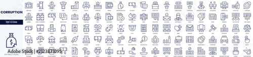 A collection of 100 line icons depicting various concepts related to corruption and misconduct.