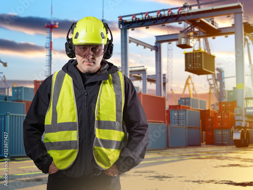 Port logistics worker stand...