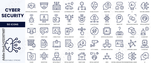 A collection of 50 minimalistic cyber security icons featuring various digital protection themes.