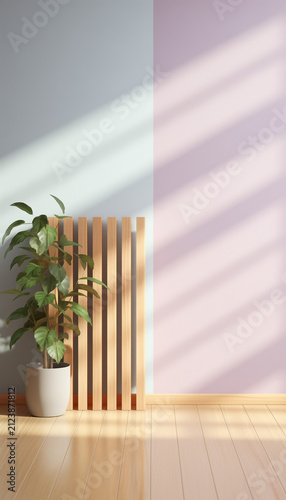 Modern living room with wooden wall decoration and plant.
