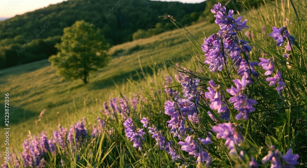 Obraz premium Purple wildflowers bloom on a sunlit grassy slope with a distant tree