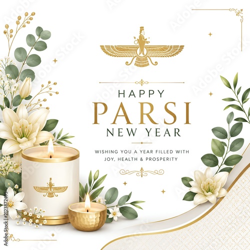 Happy Parsi New Year greeting with festive elements - ai generative