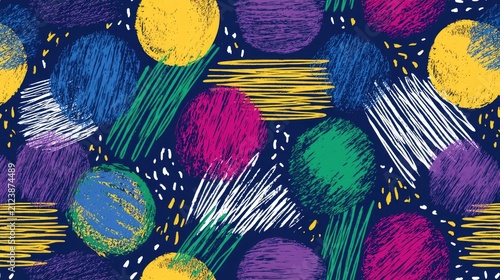 Vibrant, hand-drawn abstract pattern of circles & scribbles on dark blue