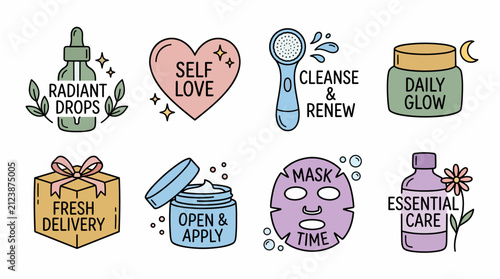 Quadro su tela An adorable collection of self-care icons emphasizing beauty routines and positive affirmations designed for skincare and wellness enthusiasts everywhere