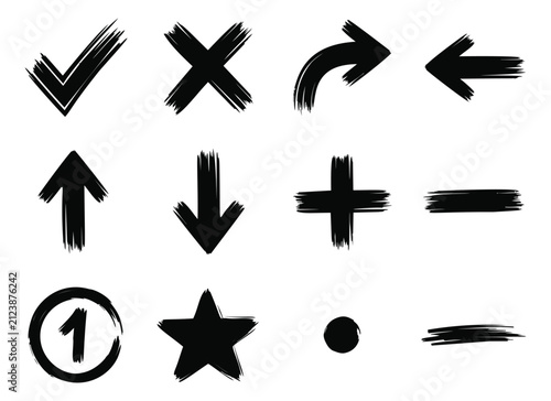 Grunge brush stroke icon set of 12 featuring arrows, checkmark, cross, star and math symbols for ui and web design