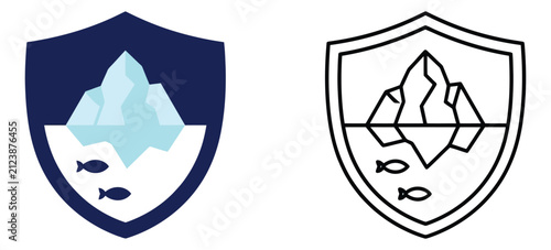 Flat and outline icon set of 2 iceberg shield badges featuring glacier mountain and fish underwater for arctic nature design