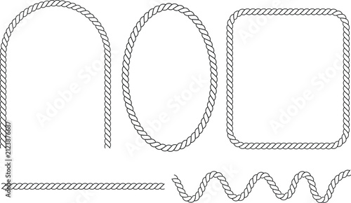Set of decorative rope frames featuring various geometric shapes and nautical border designs for creative graphic design project layouts