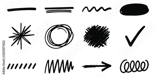 Sketch set of 12 hand drawn doodle elements featuring underlines, scribbles, arrows and marks for annotation design