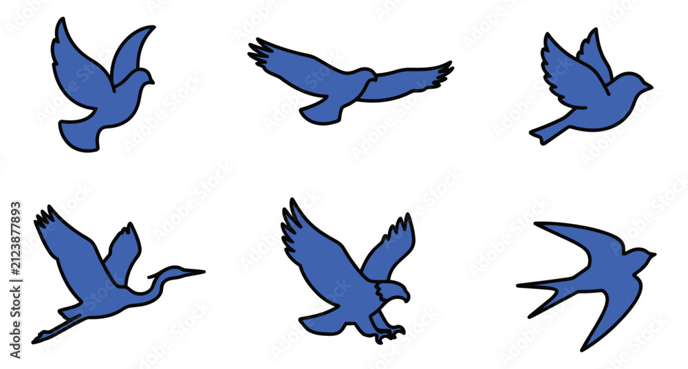 Obraz premium Flat icon set of 6 flying birds featuring dove, eagle, heron, swallow and sparrow silhouettes for nature and wildlife design