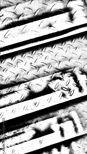 High-contrast black and white abstract background of industrial checkered diamond metal plate texture with diagonal lines and shadows.