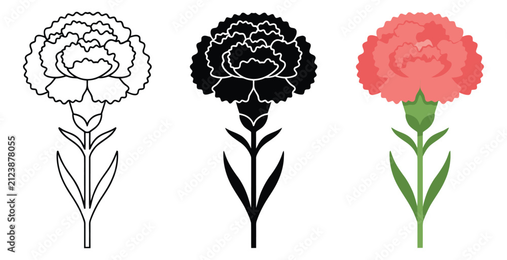 Fototapeta premium Mixed style set of 3 carnation flower illustrations depicting outline flat and silhouette versions for floral design