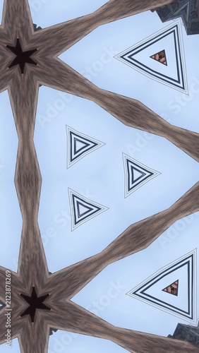 Abstract geometric kaleidoscope pattern with triangle shapes and wooden textures on a light blue background.